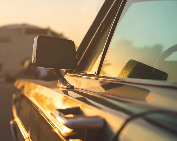 Low sun glowing on the side glass, door and mirror of a car